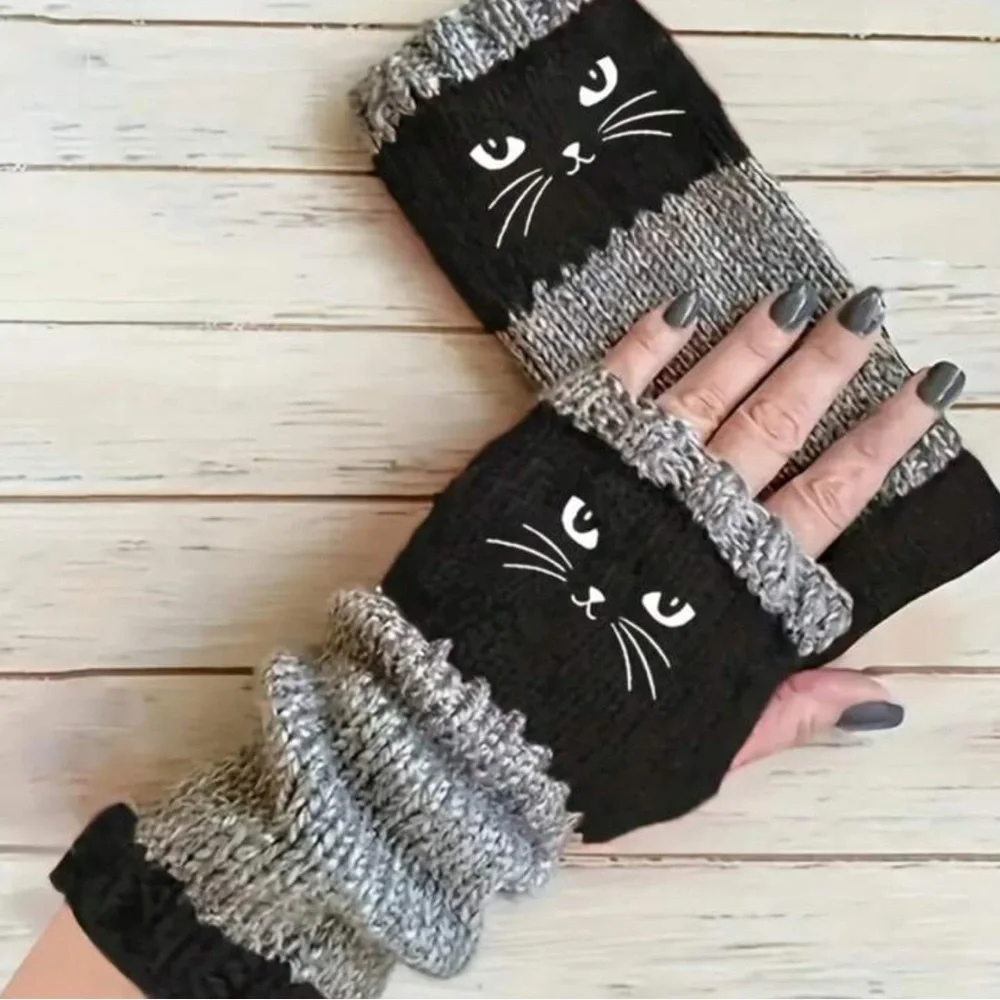 Cat-Themed Black and Gray Fingerless Gloves
